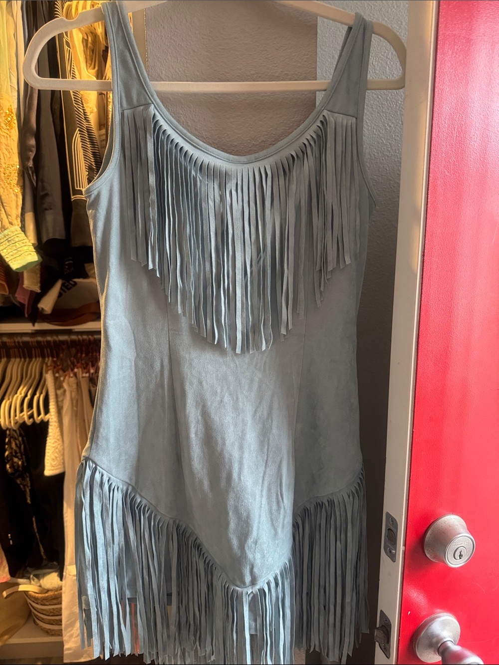 Fringe Faux Suede Zip-Front Tank Dress — Light Blue - Picture 4 of 4